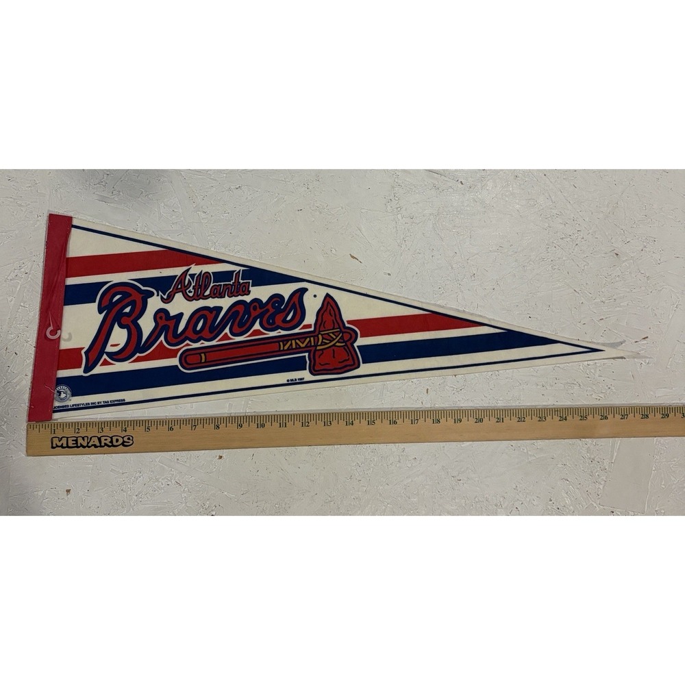 VTG Autographed Atlanta Braves 1997 MLB Baseball Red Blue & White Pennant Flag